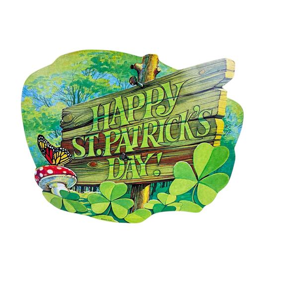 Vintage Happy St. Patrick's Day Sign Mushroom Die Cut Cardboard Cutout - Picture 1 of 1